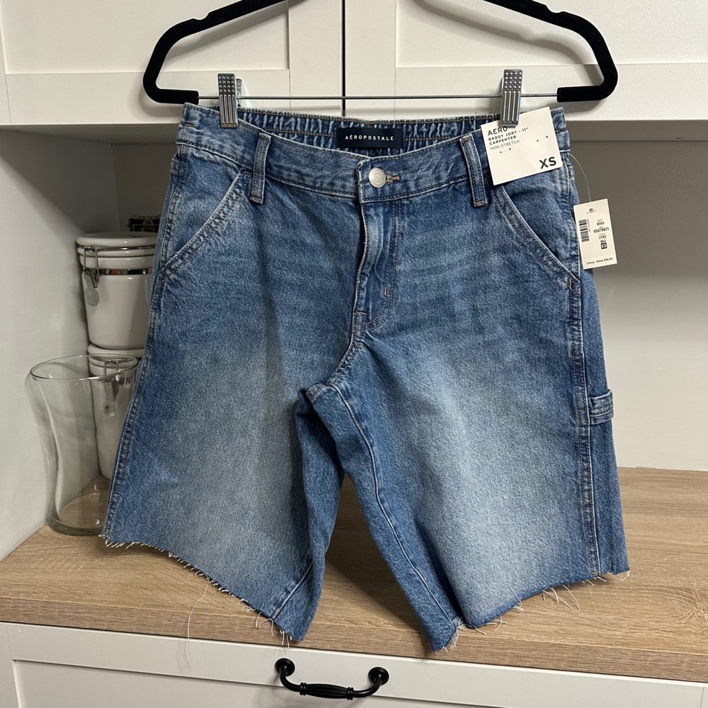 Aeropostale Baggy Jort Carpenter Women XS Blue Denim Raw Hem Non-Stretch 11" 90s